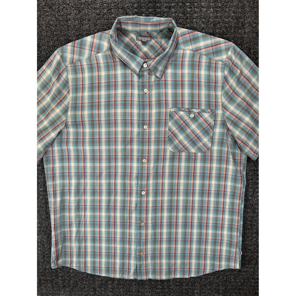 Toad&Co Organic Men XL Short Sleeve Plaid Button Down Shirt Teal Blue Outdoor
